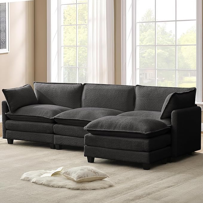 ROWHY 112'' Sectional Cloud Couch with Movable Ottoman, 4 Seat Modern Chenille Modular Sofa with 2 Throw Pillows, Deep Seat L Shaped Couch for Living Room Bedroom Apartment, Dark Grey | Sturdy Frame, Ultimate Comfort, Deep Seat, Pet-Friendly Fabric, Mo...