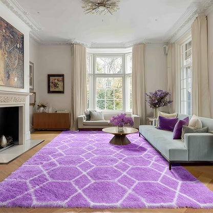 ONASAR 5x7 Area Rugs for Living Room Bedroom, Fluffy Purple and White Throw Rug, Geometric Boho Soft Plush Shaggy Floor Bedside Carpet Mat for Nursery Kids Girls Boys Teen Dorm Home Decor