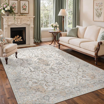 GENIMO 8x10 Area Rugs for Living Room, Machine Washable Non Slip Vintage Rugs, Low Pile Lightweight Chenille Print Rug for Bedroom, Dining Room, Home Office
