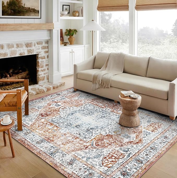 CHAMPLANT Area Rug 6x9 Washable Rug Tangerine Vintage Traditional Floor Cover Thin Retro Kitchen Indoor Distressed Non Slip Carpet Floral Print Mat Living Room Bedroom Dining Room