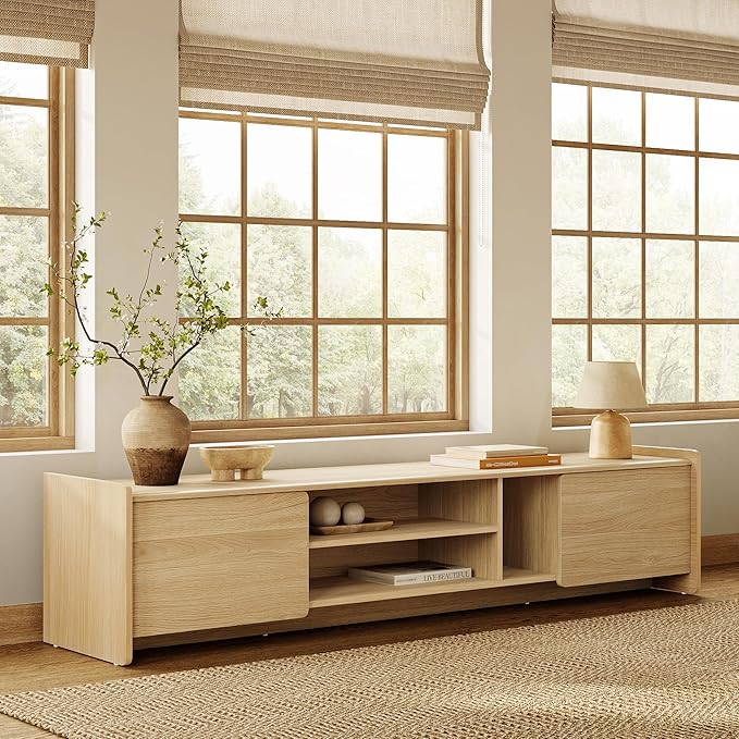 LuxenHome 69'' Oak TV Stand for Living Room for TVs up to 75'' TVs, Mid Century Modern TV Console Cabinet with Rounded Corners, Wood Low Media Console Entertainment Center with Storage