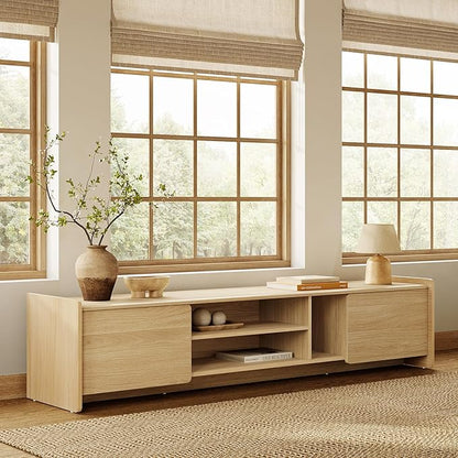 LuxenHome 69'' Oak TV Stand for Living Room for TVs up to 75'' TVs, Mid Century Modern TV Console Cabinet with Rounded Corners, Wood Low Media Console Entertainment Center with Storage