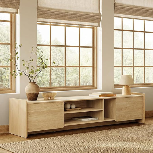 LuxenHome 69'' Oak TV Stand for Living Room for TVs up to 75'' TVs, Mid Century Modern TV Console Cabinet with Rounded Corners, Wood Low Media Console Entertainment Center with Storage