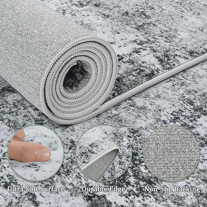 8x10 Area Rug Living Room Rugs - Washable Rug Large Modern Abstract Soft Thin Carpets Indoor Floor No Slip Vintage Carpet for Bedroom Under Dining Table Nursery Home Office Decor Gray White