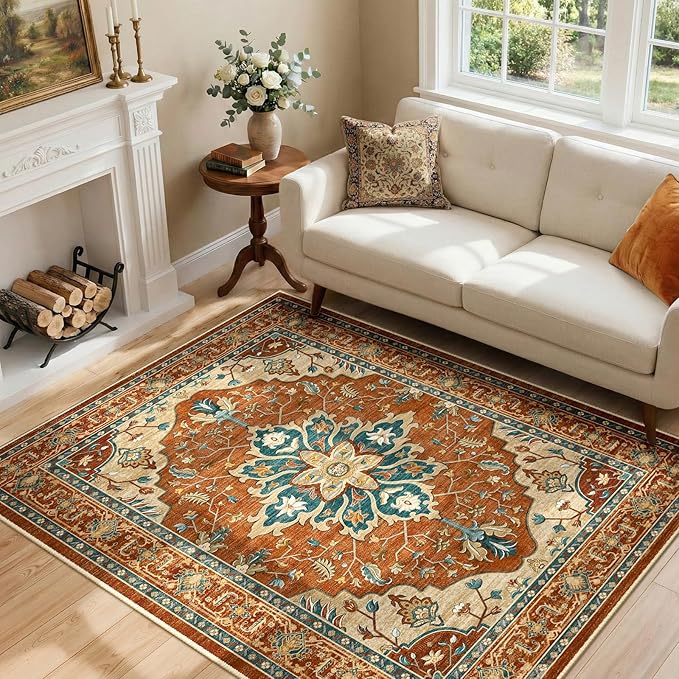 RELEANY Area Rugs 4'x6' Washable Non-Slip, Floral Vintage Distress Print Pattern Medallion Carpet for Living Room Bedroom Dining Room, Red Orange Blue Brown