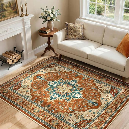 RELEANY Area Rugs 4'x6' Washable Non-Slip, Floral Vintage Distress Print Pattern Medallion Carpet for Living Room Bedroom Dining Room, Red Orange Blue Brown