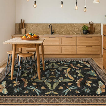 Hazo Haus Living Room Rug Black Boho 6x9 - Dining Room Rugs for Under Table, Bedroom, Insect Bug Eclectic Home Décor, Washable Non Slip Foldable