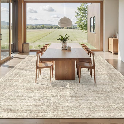 Soalmost Area Rug 10x12 Vintage Washable Living Room Large Carpet Non Slip Bedroom Indoor Office Dining Room Low Pile Thin Rug Beige