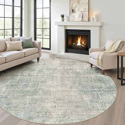 7ft Round Rug Living Room: 7x7 Washable Large Neutral Green Circle Area Rug Abstract Soft Modern Stain Resistant Indoor Floor Non-Slip Carpet for Bedroom Nursery Kids Office Playroom Dining Room