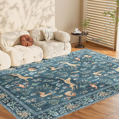DUKINO 5x7 Rug, Washable Animal Living Room Rug with Non Slip Vintage Design, Soft Low Pile Large Carpet for Bedroom, Nursery, Dining Room, Farmhouse, Playroom, Blue