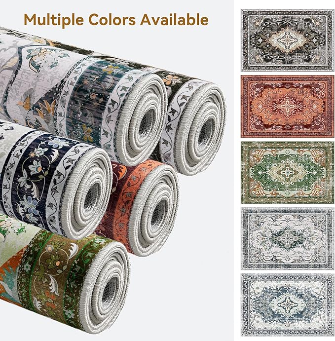 RUSHUFFY 2x3 Washable Small Rug Door Mat, Rugs for Entryway, Vintage Boho Distressed Print Non-Slip Carpet, Throw Rug for Indoor Entrance Kitchen Bedroom Bathroom Laundry Floor, Slate Blue & Beige
