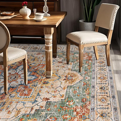 Area Rug 6x9 Vintage Rug: Washable Indoor Medallion Rugs Low Pile Distressed Floor Carpet Retro Accent Rug for Living Room Bedroom Kitchen Dining Table Home Office(Green/Yellow, 6'x9')