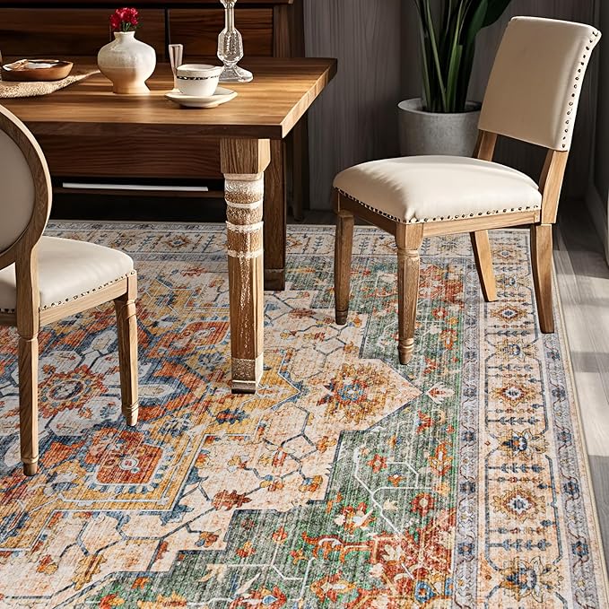 Area Rug 5x7 Vintage Rug: Washable Indoor Medallion Rugs Low Pile Distressed Floor Carpet Retro Accent Rug for Living Room Bedroom Kitchen Dining Table Home Office(Green/Yellow, 5'x7')