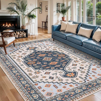 Tangsoo Vintage 4x6 Rug for Living Room,Machine Washable Indoor Area Rug Blue Beige Mat,Soft Low Pile Carpet for Front Porch Dining Room Patio Bedroom Office Decor