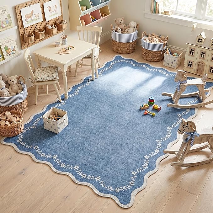 GarveeHome 4x6 Blue Scalloped Washable Area Rug for Nursery Room, Solid Floral Soft Bedroom Rug Non Slip Low Pile Small Carpet Stain Resistant Throw Rug for Dorm Kids Room Office Dining Room
