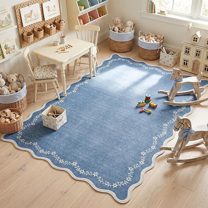 GarveeHome 4x6 Blue Scalloped Washable Area Rug for Nursery Room, Solid Floral Soft Bedroom Rug Non Slip Low Pile Small Carpet Stain Resistant Throw Rug for Dorm Kids Room Office Dining Room