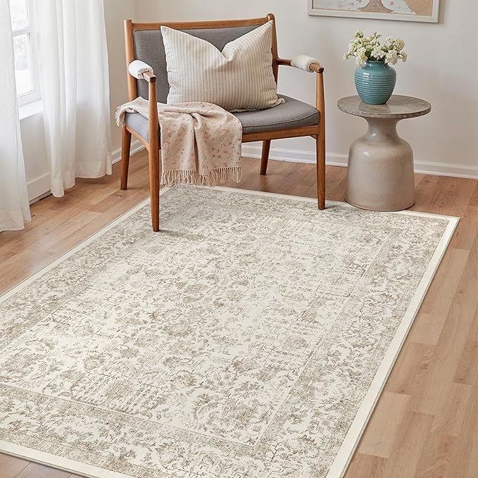 PureCozy Light Brown Area Rug 3x5 Entryway Washable Kitchen Vintage Distressed Non Slip Carpet Indoor Retro Floral Accent Throw Door Mat for Bathroom Bedroom Dining Living Room