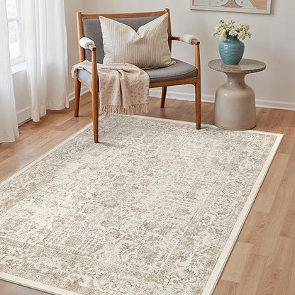 PureCozy Light Brown Area Rug 3x4 Office Entryway Rug Machine Washable Kitchen Vintage Distressed Non Slip Carpet Indoor Retro Floral Accent Throw Door Mat for Bathroom Bedroom Dining Living Room