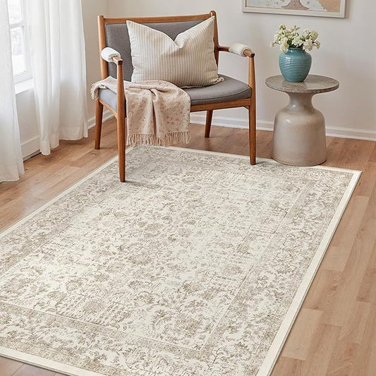 PureCozy Light Brown Area Rug 3x4 Office Entryway Rug Machine Washable Kitchen Vintage Distressed Non Slip Carpet Indoor Retro Floral Accent Throw Door Mat for Bathroom Bedroom Dining Living Room