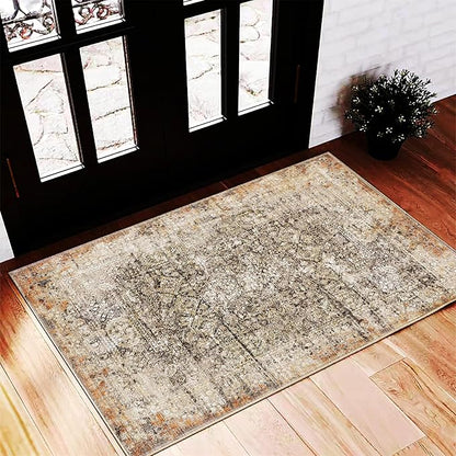 CHAMPLANT Area Rug 2'x3' Washable Door Mat Vintage Distressed Taupe Doormat Indoor Entrance Traditional Thin Floral Print Non Slip Carpet for Kitchen Bathroom Bedroom Living Room