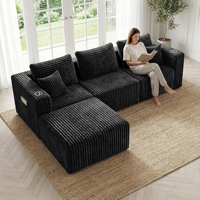 104'' L-Shaped Cloud Modular Sectional Sofa, Modern Corduroy Memory Foam Couch with Cup Holders, Upholstered Boneless Deep Seat Fluffy 3-Seater Sofa with Ottoman, No Assembly Needed, Black
