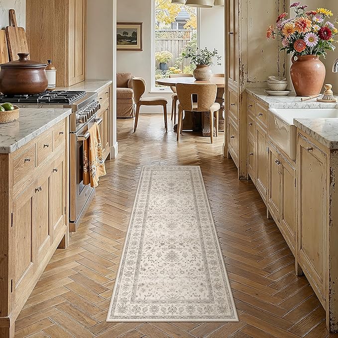 PureCozy 2x6 Runner Rug Beige Washable Hallway Vintage Carpet Kitchen Small Long Non Slip Stain Soft Resistant Low Pile Thin Boho Accent Indoor Throw Rug for Bedroom Laundry Living Room