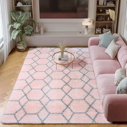 ONASAR Area Rugs for Bedroom Living Room, 4x6 Fluffy Pink and Grey Throw Rug, Shaggy Geometric Soft Plush Floor Carpet for Nursery Girls Teen Playroom Dorm Home Decor Aesthetic