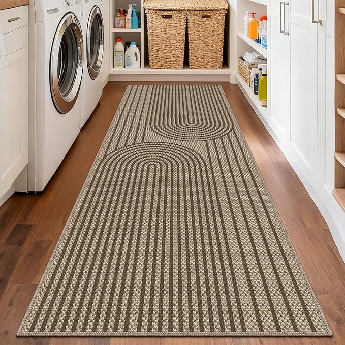 Easy Jute Hallway Runner Rug, 2' x 6' Kitchen Runner, Brown Farmhouse Ultra-Thin Washable Non-Slip Carpet Runner for Laundry, Bedroom, Backyard, Outdoor, Home Decor