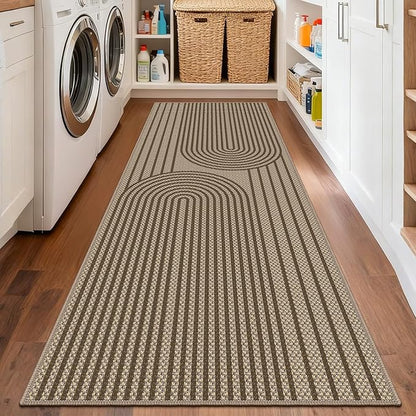 Easy Jute Hallway Runner Rug, 2' x 6' Kitchen Runner, Brown Farmhouse Ultra-Thin Washable Non-Slip Carpet Runner for Laundry, Bedroom, Backyard, Outdoor, Home Decor