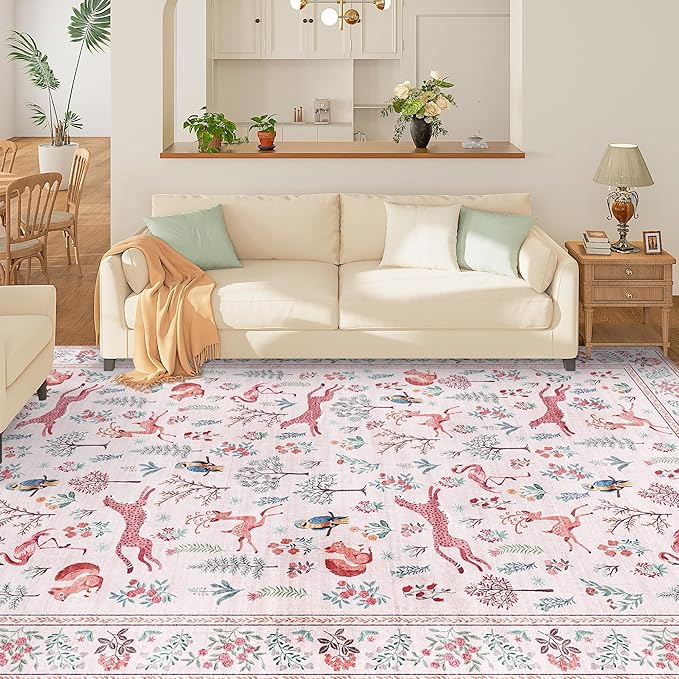 DUKINO 6x9 Rug, Washable Animal Living Room Rug with Non Slip Vintage Design, Soft Low Pile Large Carpet for Bedroom, Nursery, Dining Room, Farmhouse, Playroom, Pink
