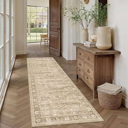 2'6"x8' Beige Runner Rug Hallway Non Slip Washable Area Rugs Kitchen Soft Khaki Vintage Boho Long Rug Distressed Floral Carpet Indoor Low Pile Throw Rug for Bedroom Bathroom Laundry Dining Room Office