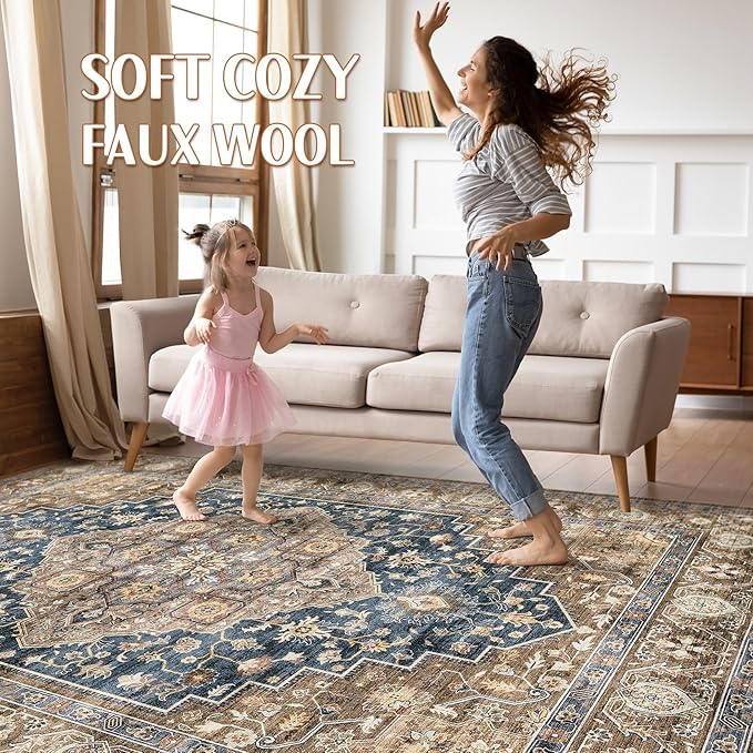 7x10 Area Rug Living Room: Washable Boho Large Neutral Vintage Soft Rugs Stain Resistant Farmhouse Non-Slip Indoor Floor Carpet for Bedroom Nursery Kids Office Dining Room Playroom- Yellow Blue