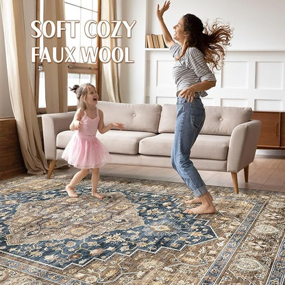 10x14 Area Rugs Living Room: Washable Boho Large Neutral Vintage Soft Rug Stain Resistant Farmhouse Non-Slip Indoor Floor Carpet for Bedroom Nursery Kids Office Dining Room Playroom- Yellow Blue