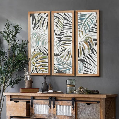 XIAOAIKA Boho Hand-Carved Wood Wall Art Decor, 35.5" Tropical Leaf Design, Distressed White Wood Panels, Decorative Hanging Wall Sculpture for Living Room, Bedroom, Office (Set of 3 Panels)