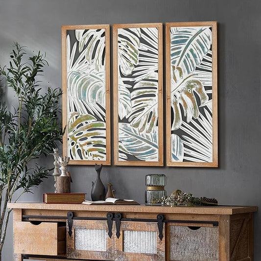XIAOAIKA Boho Hand-Carved Wood Wall Art Decor, 35.5" Tropical Leaf Design, Distressed White Wood Panels, Decorative Hanging Wall Sculpture for Living Room, Bedroom, Office (Set of 3 Panels)