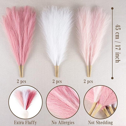 Faux Pampas Grass Decor, 18"/45cm Artificial Pampas Grass Fluffy 6 Stem pompous Grass Flower Arrangement for Boho Home Wedding Decoration (Blush,Cream,Pink)