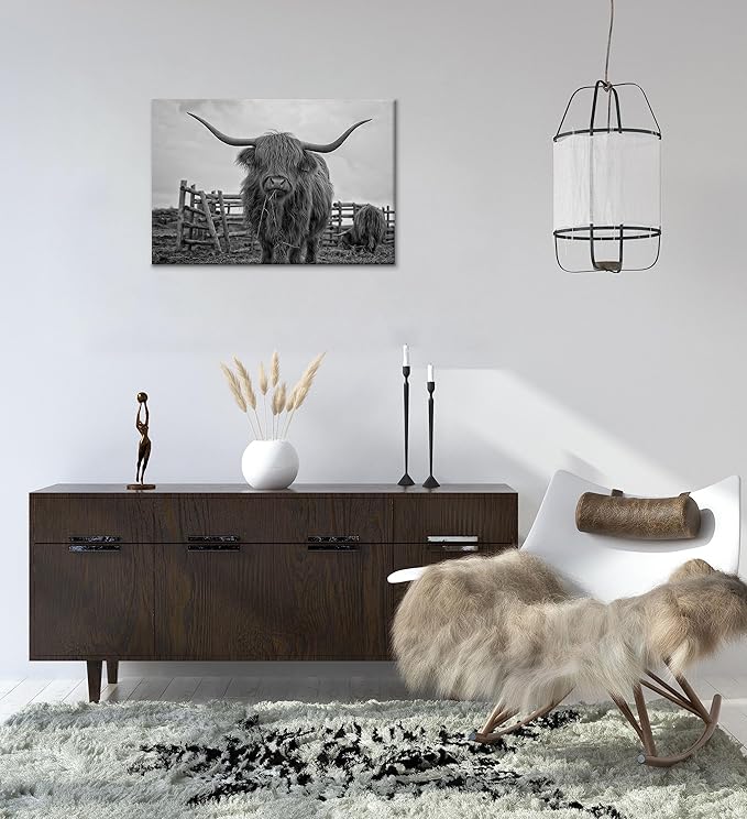 Highland Cow Wall Art Black and White Large Canvas Picture Animal Poster Framed Art Wall Decor for Living Room Bathroom (28x44 inch)