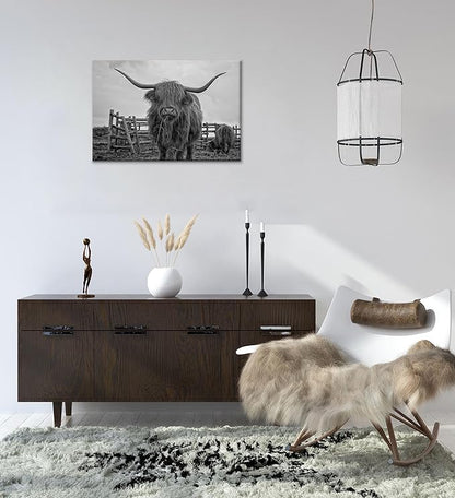 Highland Cow Wall Art Black and White Canvas Picture Animal Poster Framed Art Wall Decor for Living Room Bathroom (12x16 inch)