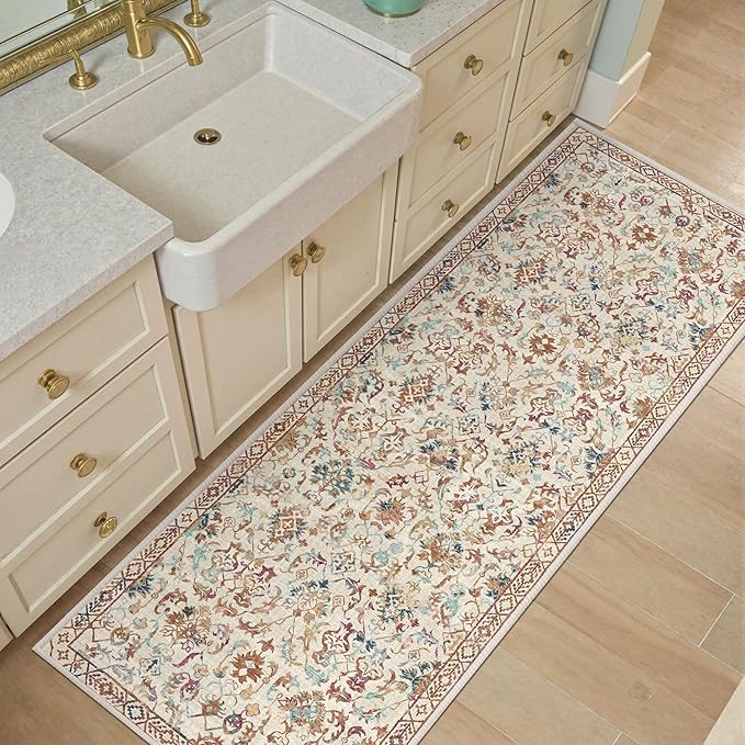 Beige Colorful 2x6 Runner Rug for Hallways Bed Side Kitchen, Boho Washable Low-Pile Floor Entryway Long Bathroom Mat, Non-Slip Laundry Room Washstand Front Carpet Green 24x72 Inch