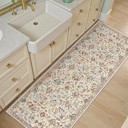 Beige Colorful 2x6 Runner Rug for Hallways Bed Side Kitchen, Boho Washable Low-Pile Floor Entryway Long Bathroom Mat, Non-Slip Laundry Room Washstand Front Carpet Green 24x72 Inch