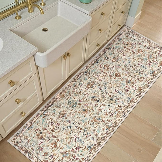 Beige Colorful 2x6 Runner Rug for Hallways Bed Side Kitchen, Boho Washable Low-Pile Floor Entryway Long Bathroom Mat, Non-Slip Laundry Room Washstand Front Carpet Green 24x72 Inch