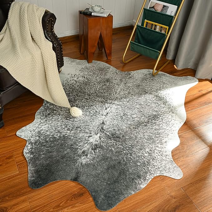 Cowhide Rug for Living Room, Washable Cow Hide Rug, Small Faux Animal Skin Rugs, Non-Slip Cow Print Area Rugs， 3x4Ft Cowhide Rugs for Bedroom Office Kitchen Entryway， Grey