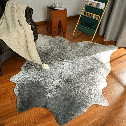Cowhide Rug for Living Room, Washable Cow Hide Rug, Small Faux Animal Skin Rugs, Non-Slip Cow Print Area Rugs， 3x4Ft Cowhide Rugs for Bedroom Office Kitchen Entryway， Grey