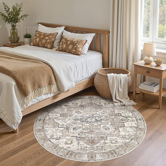6x6 Round Area Rugs Washable Vintage - Soft Traditional Rugs for Living Room Large Non Slip Backing with Low Pile Farmhouse Oriental Retro Carpet for Bedroom Dining Room or Home Office - Tea Brown