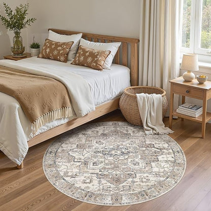 6x6 Round Area Rugs Washable Vintage - Soft Traditional Rugs for Living Room Large Non Slip Backing with Low Pile Farmhouse Oriental Retro Carpet for Bedroom Dining Room or Home Office - Tea Brown