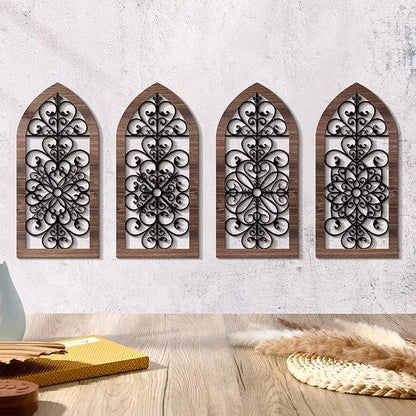 4 Pieces Thicken Rustic Wood Wall Decor Arch Modern Farmhouse Wall Art Decor Wooden Hollow Carved Design Rustic Home Art for Living Room Bedroom Office Kitchen (Classic Style)