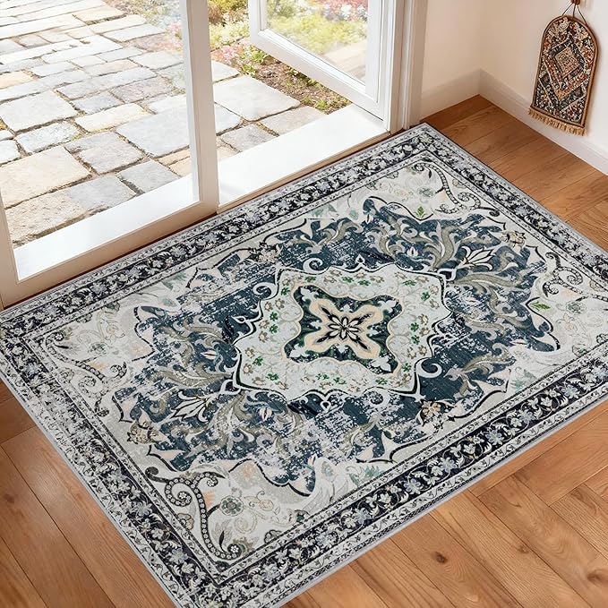 RUSHUFFY 2x3 Washable Small Rug Door Mat, Rugs for Entryway, Vintage Boho Distressed Print Non-Slip Carpet, Throw Rug for Indoor Entrance Kitchen Bedroom Bathroom Laundry Floor, Slate Blue & Beige
