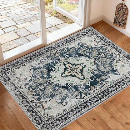 RUSHUFFY 2x3 Washable Small Rug Door Mat, Rugs for Entryway, Vintage Boho Distressed Print Non-Slip Carpet, Throw Rug for Indoor Entrance Kitchen Bedroom Bathroom Laundry Floor, Slate Blue & Beige