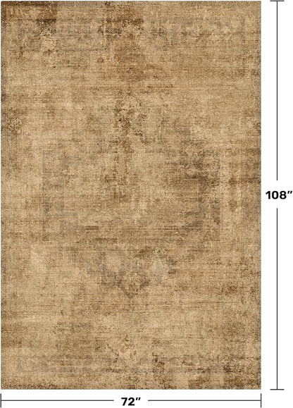 Hazo Haus Vintage Dark Gold Rugs for Living Room - 6x9 Distressed Print Pattern Large Area Rug for Bedroom, Dining Room Under Table, Thin & Soft Washable Brown and Yellow