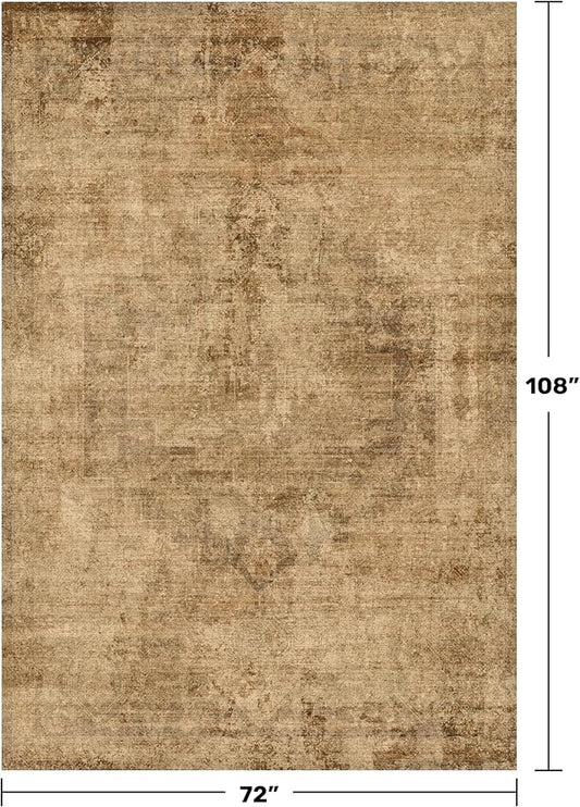 Hazo Haus Vintage Dark Gold Rugs for Living Room - 6x9 Distressed Print Pattern Large Area Rug for Bedroom, Dining Room Under Table, Thin & Soft Washable Brown and Yellow